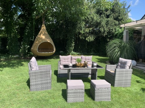 szare meble z technoarttanu dla 5-7 osób zestaw do ogrodu stół fotele sofa narożnik na taras