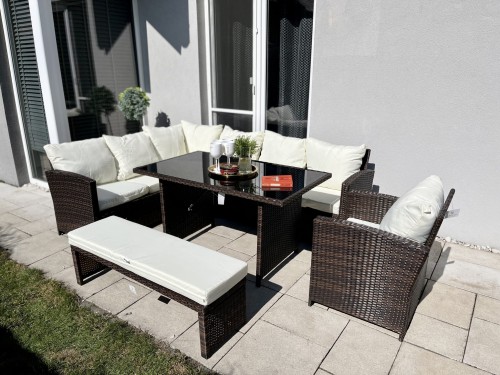 komplet mebli dla 8 osób z technorattanu brąz na taras z poduszkami narożnik do ogrodu