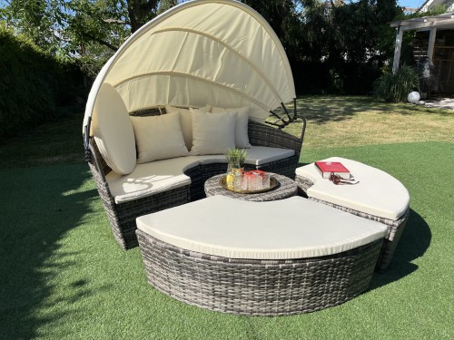 leżanka do opalania okrągła 180 cm technorattan szary z poduszkami do ogrodu na taras