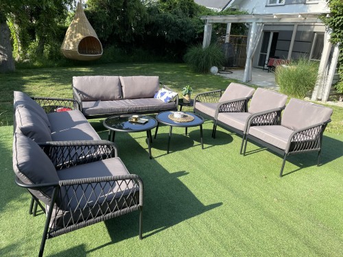 komplet nowoczesnych mebli dla 8 osób aluminowy stelaż czarny sznurek lekkie meble na taras