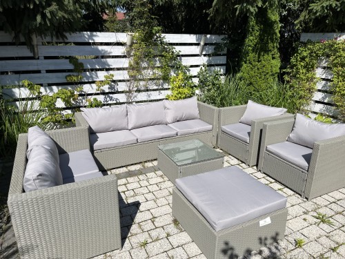 duży zestaw mebli ogrodowych szary technorattan dla 8 osób fotele sofa narożnik