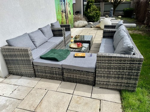 komplet mebli do 8 osób sofy fotele narożnik na taras do ogrodu szary technorattan