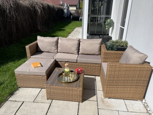 zestaw mebli do 5 osób sofa fotel pufa technorattan beż