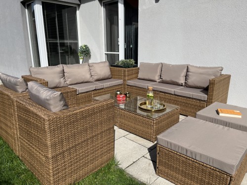 zestaw mebli sofa fotel dla 8 osób technorattan beż do ogrodu na taras