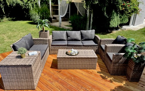 nowoczesne meble ogrodowe dla 6-8 osób Malibu technorattan brąz mix aranżacja tarasu ogród