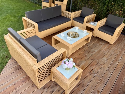 nowoczesne meble ogrodowe RITUAL dla 7 osób technorattan naturalny aranżacja tarasu relaks ogród