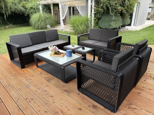 nowoczesne meble ogrodowe RITUAL 7 osób technorattan czarny aranżacja tarasu relaks ogród