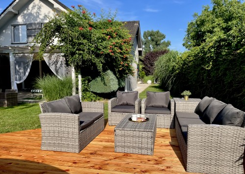 zestaw eleganckich mebli MALIBU z technoarttanu fotele sofa stoliki na taras 6-8 osób